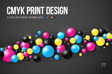 CMYK renklerinin yer aldığı renkli topların oyuncu düzenlemesi, projeler için eşsiz bir tasarım estetiği içinde yaratıcılığı ve yeniliği sembolize ediyor. Vektör illüstrasyonu.