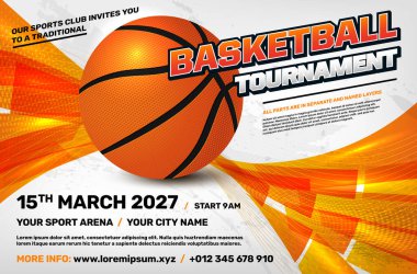 Basketbol turnuvası şablonu top, dinamik şekiller ve metin için kopyalama alanı. Vektör illüstrasyonu.
