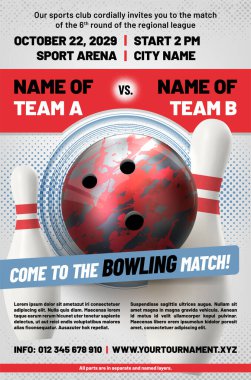 Top, iğne ve yarım ton desenli bowling posteri şablonu. Hepsi ayrı ve isimlendirilmiş katmanlar halinde. Vektör illüstrasyonu.