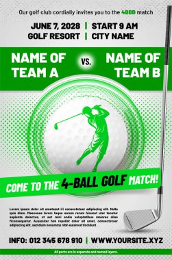 Top, metal sopa ve yarım ton desenli dört top golf posteri. Hepsi ayrı ve isimlendirilmiş katmanlar halinde. Vektör illüstrasyonu.