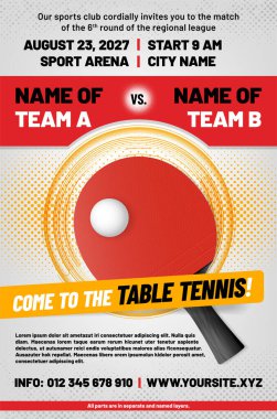 Masa tenisi şablonu top, raket ve yarım ton desenli. Hepsi ayrı ve isimlendirilmiş katmanlar halinde. Vektör illüstrasyonu.