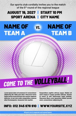 Voleybol poster şablonu, top ve yarım ton desenli, hepsi ayrı ve isimlendirilmiş katmanlar halinde. Vektör illüstrasyonu.