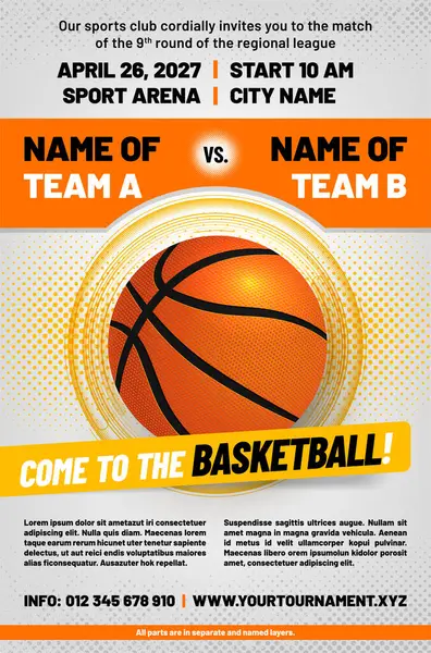 Basketbol posteri şablonu, top ve yarım ton desenli - hepsi ayrı ve isimlendirilmiş katmanlar halinde. Vektör illüstrasyonu.