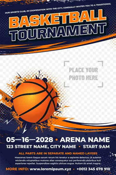 Dinamik basketbol turnuvası poster şablonu top, şimşek ve grungy elementler ve fotoğraf için yer - vektör illüstrasyon