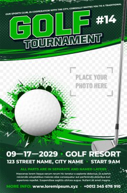 Dinamik golf turnuvası poster şablonu top, metal sopa, şimşek ve grungy elementler ve fotoğraf için yer - vektör ilüstrasyon