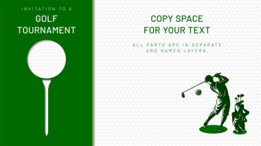 Metnin için stilize top, tişört, oyuncu silueti ve desenli kopya uzayı ile golf turnuvasına davet kartı şablonu - vektör ilülasyonu