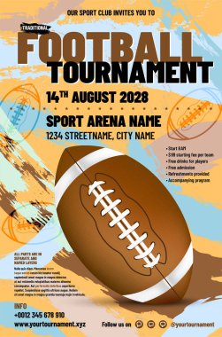 Bu canlı broşür, Amerika Futbol Turnuvası 'nı tanıtıyor. Heyecan verici bir tasarım, katılımcılar ve izleyiciler için önemli detaylar içeriyor. Vektör illüstrasyonu.