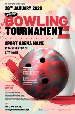 Bu canlı broşür, hem katılımcılar hem de izleyiciler için önemli detaylarla birlikte heyecan verici bir tasarım içeren bowling turnuvasını tanıtıyor. Vektör illüstrasyonu.