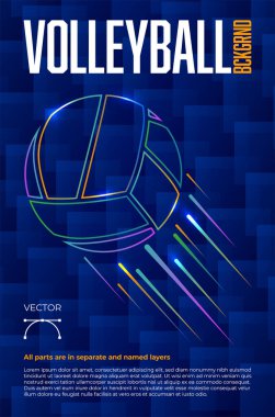 Neon voleybol topunun canlı ve dinamik çizimi, soyut mavi arkaplan üzerine kurulu, sporla ilgili temalar veya grafik tasarım projeleri için mükemmel. Vektör illüstrasyonu.