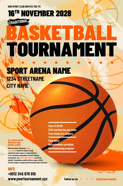 Bu canlı broşür, heyecan verici tasarım içeren basketbol turnuvasını tanıtıyor, katılımcılar ve izleyiciler için önemli detaylarla birlikte. Vektör illüstrasyonu.