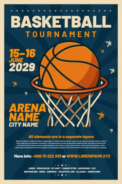 Spor fanatikleri ve katılımcıları dinamik planıyla cezbetmek için tasarlanmış enerjik basketbol ve kalın renklerle dolu basketbol turnuvası için canlı bir tanıtım posteri. Vektör illüstrasyonu.