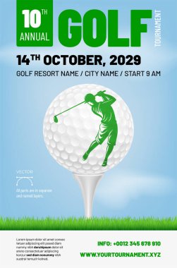 14 Ekim 2029 'da gerçekleşen 10. Geleneksel Golf Turnuvası' nı gösteren modern bir broşür. Hareketli bir golfçü ve zarif tasarım unsurları ile katılımcıları cezbeder.