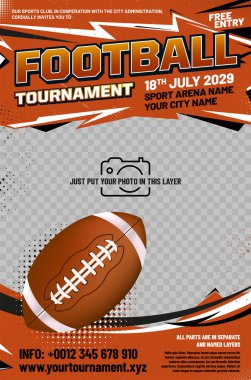 Amerikan futbol turnuva posterinde top, grungy ve yarım ton unsurlar ve fotoğrafınız için yer - vektör illüstrasyonu