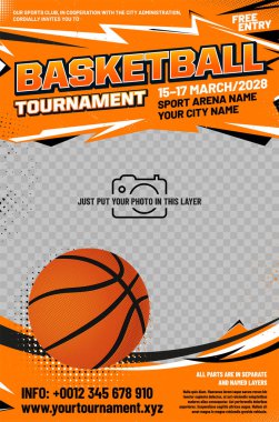 Basketbol turnuvası afiş şablonu top, grungy ve yarım ton elementler ve fotoğraf için yer - vektör illüstrasyon