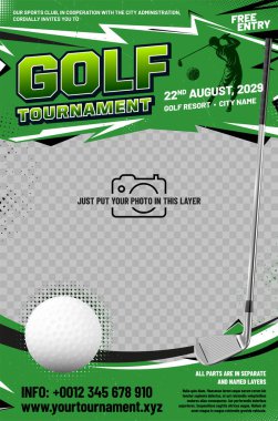 Golf turnuvası afiş şablonu top, metal kulüp, grungy ve yarım ton elementler ve fotoğraf için yer - vektör illüstrasyon
