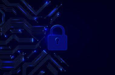 Devre dizaynlı dijital asma kilit ikonu teknolojiyi, güvenliği ve teknolojiyle ilgili içeriklere uygun modern dijital güvenlik temalarını yansıtıyor. Vektör illüstrasyonu.