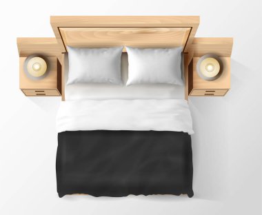 Yumuşak gri yastıklar ve zarif lambaların yer aldığı, yatak odası estetiği ve iç tasarım ilhamının sergilenmesi için mükemmel bir modern ahşap yatak düzeni. Vektör illüstrasyonu.