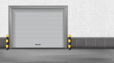 Kapalı endüstriyel garaj kapısı çizgili güvenlik direkleriyle çevrili, işlevsellik ve güvenliği temsil ediyor, depo veya ticari alanların tasviri için ideal. Vektör illüstrasyonu.