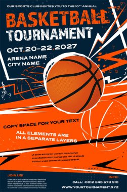 Basketbol turnuvası dinamik poster şablonu top ve kopya alanı - vektör illüstrasyonu