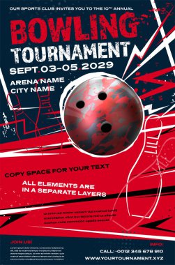Bowling turnuvası dinamik poster şablonu top ve kopya alanı - vektör illüstrasyonu