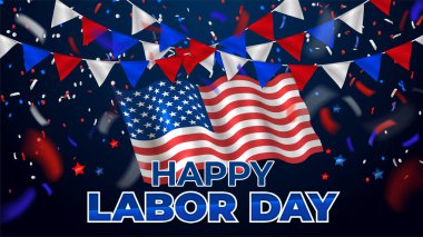 Bayraklar, uçan konfetiler ve Amerikan ulusal renklerinde yıldızlar - İşçi Bayramı kutlama konsepti. Vektör illüstrasyonu.