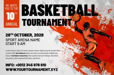 Basketbol turnuvası posteri ya da çirkin arka planda zıplayan oyuncunun soyut silüeti olan bir davetiye şablonu. Mesajın için yer aç. Vektör illüstrasyonu.