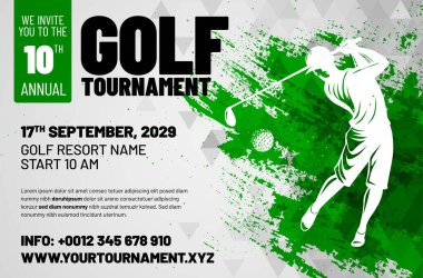 Golf turnuvası posteri ya da soyut golfçü silueti olan bir davetiye şablonu. Mesajın için yer aç. Vektör illüstrasyonu.