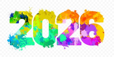 Saydam arkaplandaki renkli boya lekelerinden yaratılan 2026 sayılı yazı - Mutlu yıllar sembolü. Vektör illüstrasyonu.