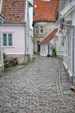Etrafı tuhaf ve davetkar evlerle çevrili büyüleyici bir kaldırım taşı sokağının çok güzel bir manzarası.