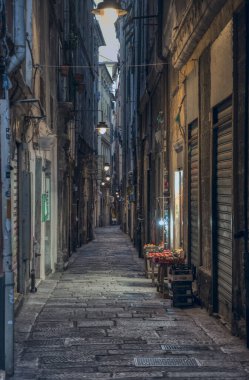 Gece hareketli bir şehirde, gizemli gölgeler ve loş ışıklarla dolu iki bina arasında bulunan dar bir ara sokak ilgi çekici bir ortam yaratıyor.