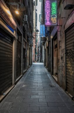 Sakin ve sakin bir ara sokak. Rengarenk neon levhalarla hafifçe aydınlatılmış. Kapalı vitrinleri olan.