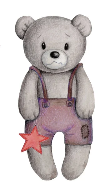 おもちゃの星と愛らしいかわいいテディベア ホリデー冬の12月のテーマ 子供のデザインのための水彩イラスト 手描きの芸術 白地に隔離された — ストック写真