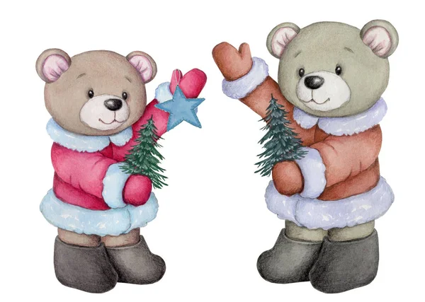Entzückende Süße Teddybären Mit Neujahrsbaum Urlaub Winter Dezember Thema Aquarell — Stockfoto