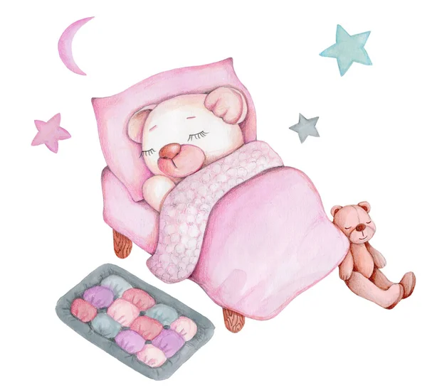 Schattige Schattige Teddybeer Meisje Slapen Aquarel Illustratie Voor Kinderen Ontwerp — Stockfoto