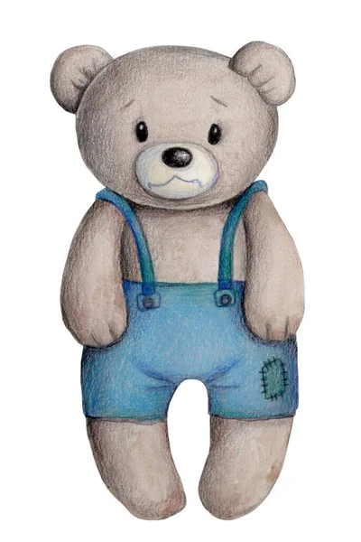 Schattige Teddybeer Met Een Oud Speelgoed Geïsoleerd Een Witte Achtergrond — Stockfoto