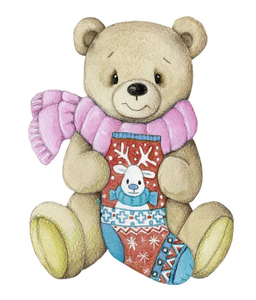 Schattige Teddybeer Met Nieuwjaarskerstboom Vakantie Winter December Thema Aquarel Illustratie — Stockfoto
