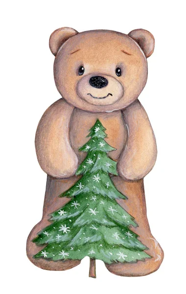 新年のクリスマスツリーと愛らしいかわいいテディベア 休日の冬の12月のテーマは 水彩画のイラストは子供のデザイン 手描きの芸術 白地に隔離された — ストック写真