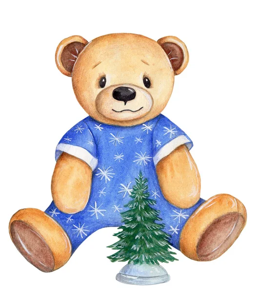 可爱可爱的玩具熊与新年圣诞树 节日冬季12月主题 水彩画为儿童设计 手绘艺术 因白人背景而被隔离 — 图库照片