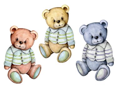 Tatlı çizgi film eski oyuncak ayıcık, oturuyor. Çocuklar için el çizimi suluboya çizimi, izole edilmiş. 