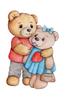 Bebek ve çocuk tasarımı, baskısı, ikonu için çizgi film küçük oyuncak ayıları erkek ve kız karakterleri. Suluboya el çizimi sanat, beyaz arkaplanda izole.