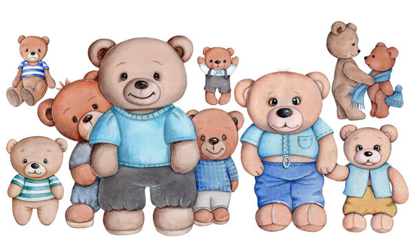 Cartoon little teddy bears charactes for baby and children design, print, icon. Watercolor hand drawn art, isolated on white background.