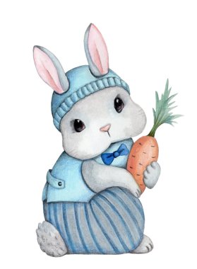 Cute cartoon bunny rabbit hare baby. Watercolor hand painted art for children. Isolated on white background. Perfect for nursery and baby prints, posters, cards.