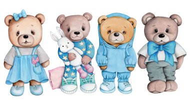 Cute cartoon teddy bears, set of 4 characters. Watercolor hand painted art for children. Isolated on white background. Perfect for nursery and baby prints, posters, cards.