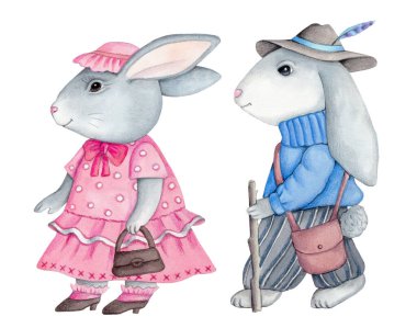 Tatlı çizgi film tavşanı tavşan tavşan çift, kız ve erkek, yürüyorlar. Suluboya çizimi, beyaz arkaplanda izole.