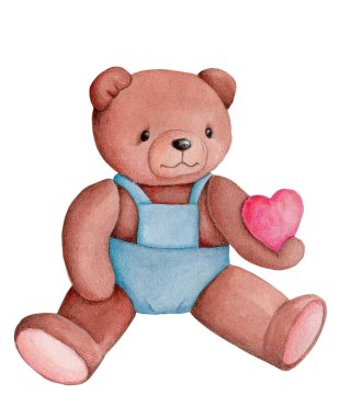 Pretty cute little brown teddy bear sitting, with red heart in paw. Watercolor hand painted illustration of cartoon toy animal, element od design for children. Isolated on white background.