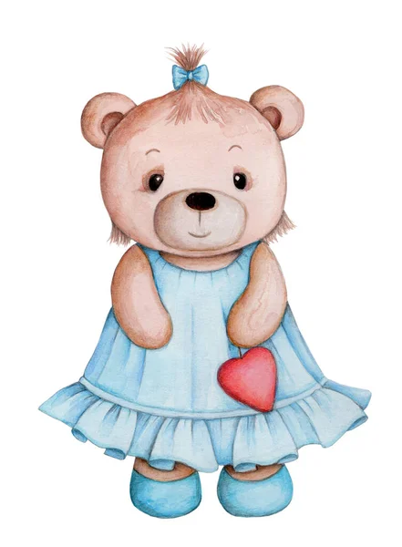 Pretty Cute Little Brown Teddy Bear Watercolor Hand Painted Illustration — ストック写真