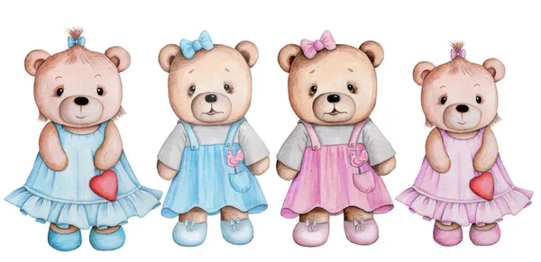Pretty Cute Little Brown Teddy Bear Girls Standing Watercolor Hand — ストック写真