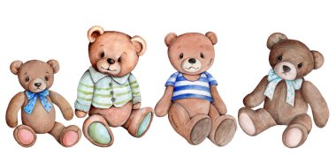 Watecolor illustration of cute pretty teddy bears sitting, toy plush bear, cartoon animal. Isolated. Hand painted.