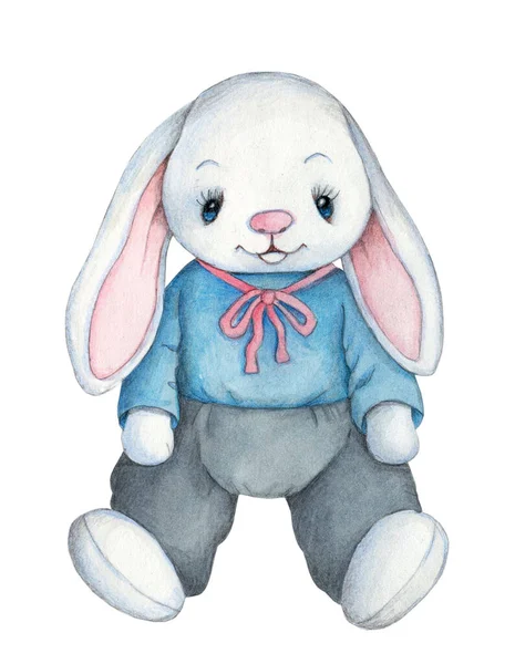 かわいいウサギウサギのウサギのウサギ おもちゃのぬいぐるみ漫画の動物の水彩イラスト 隔離されてる 手描き — ストック写真