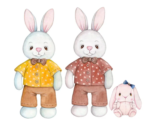 かわいいウサギのウサギの水彩画のイラストは 立って おもちゃのぬいぐるみ漫画の動物を共有します 隔離されてる 手描き — ストック写真